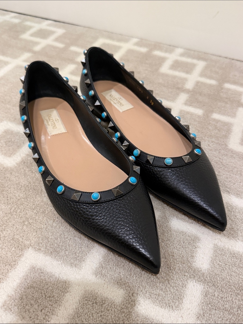 Valentino Black Pointed Leather Flats with Turquoise Studs